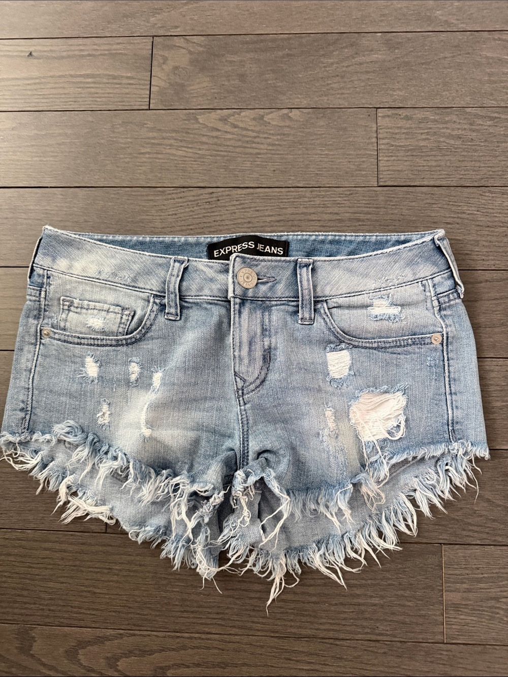Express Light Blue Distressed Frayed Hem Jean Shorts